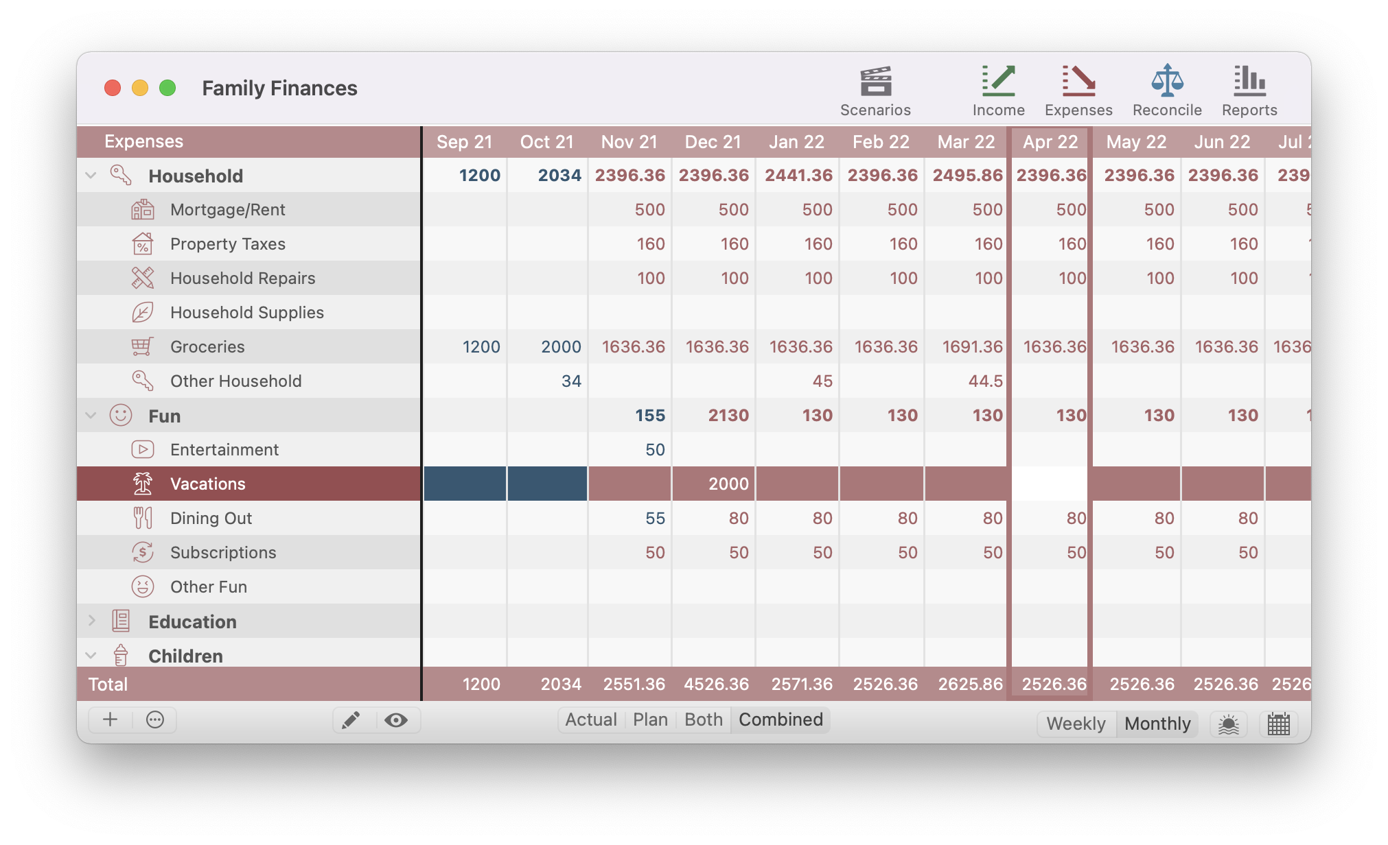 Cashculator Expenses table