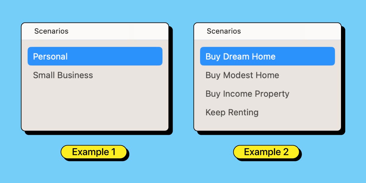 Managing separate accounts in Cashculator can be done by creating different scenarios