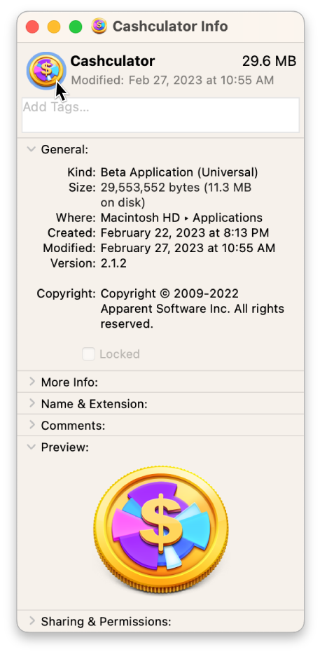Cashculator app info window with icon highlighted