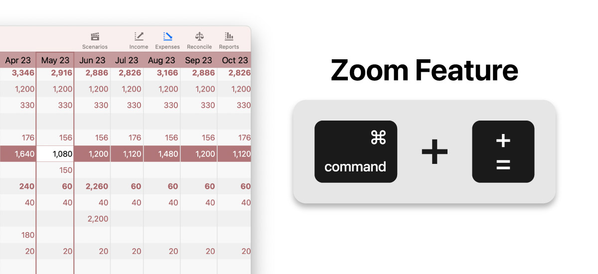 Press command "+" and "-" to zoom in and out in Cashculator