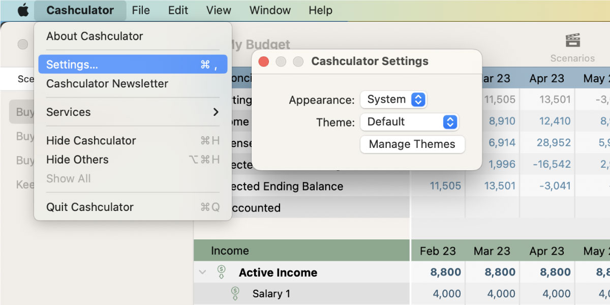 Access custom color themes from settings in the Cashculator menu.