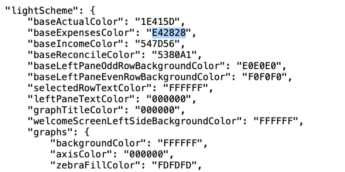 A custom color theme file lists parts of Cashculator and the hex colors to use for each part.