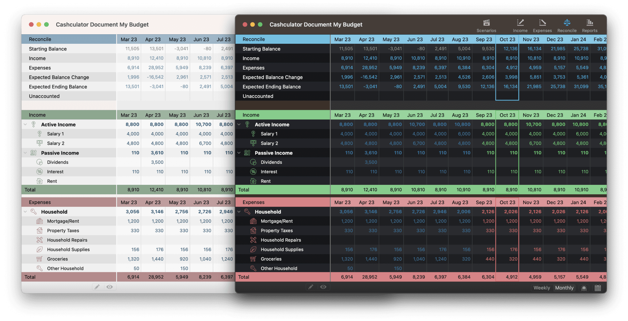Cashculator light and dark mode Cashculator 2.2 in light and dark modes