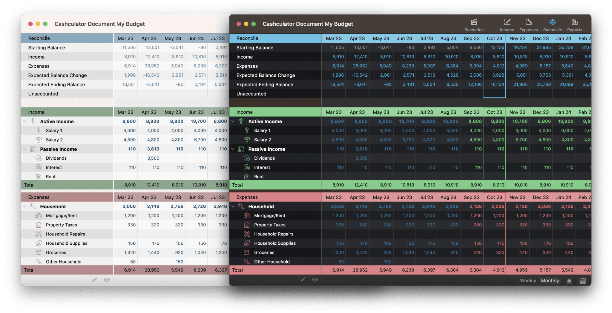 Cashculator 2.2 in light and dark modes