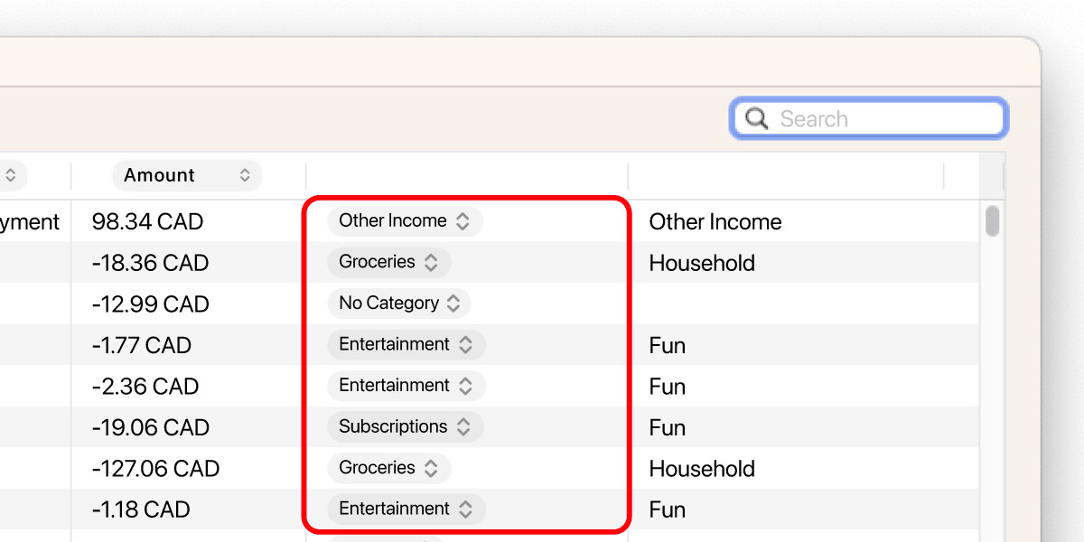 Choose the transaction's category or leave its state as No Category.