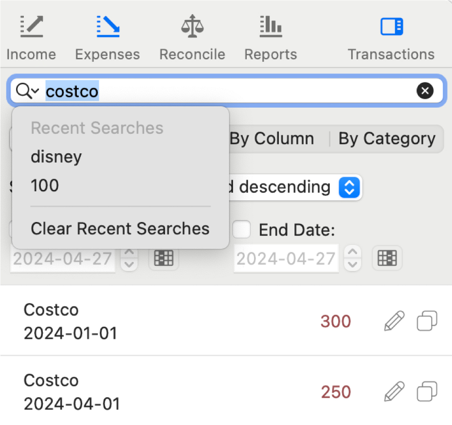 Transactions sidebar showing how to search for text or amount