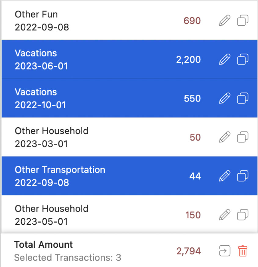 Window showing the total amount of multiple  highlighted transactions in the sidebar