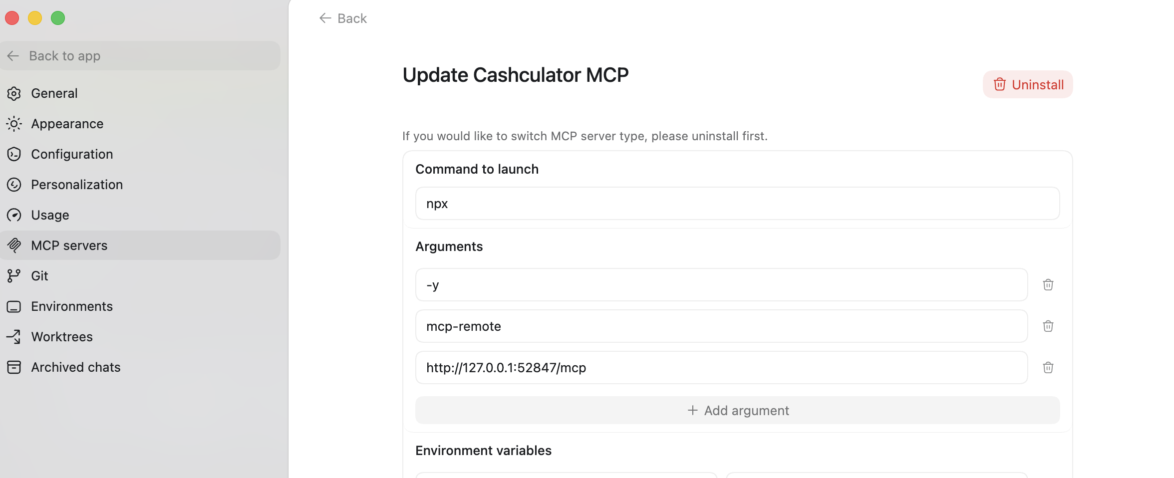 Cashculator MCP in OpenAI Codex
