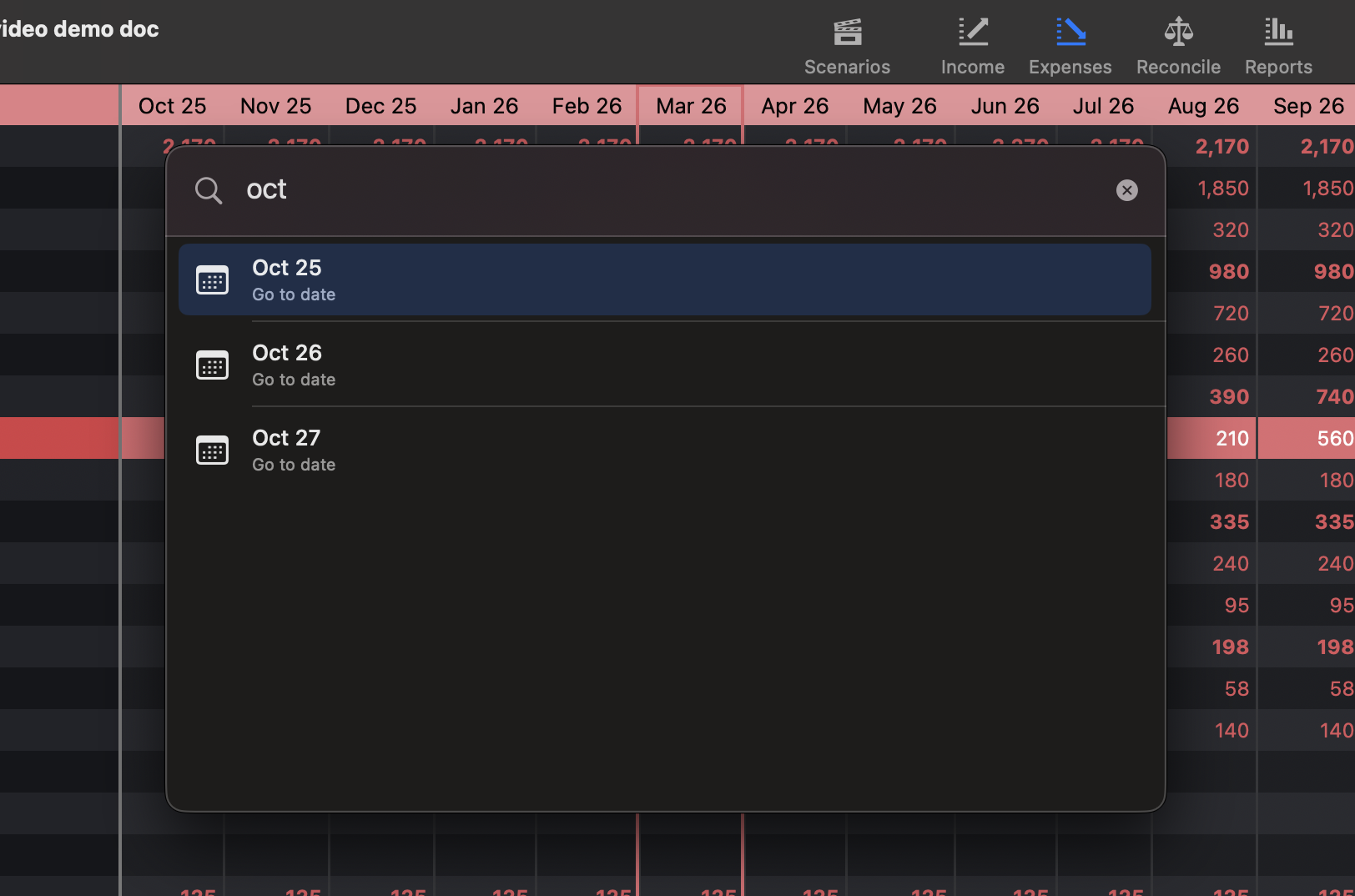 Cashculator Command palette example 